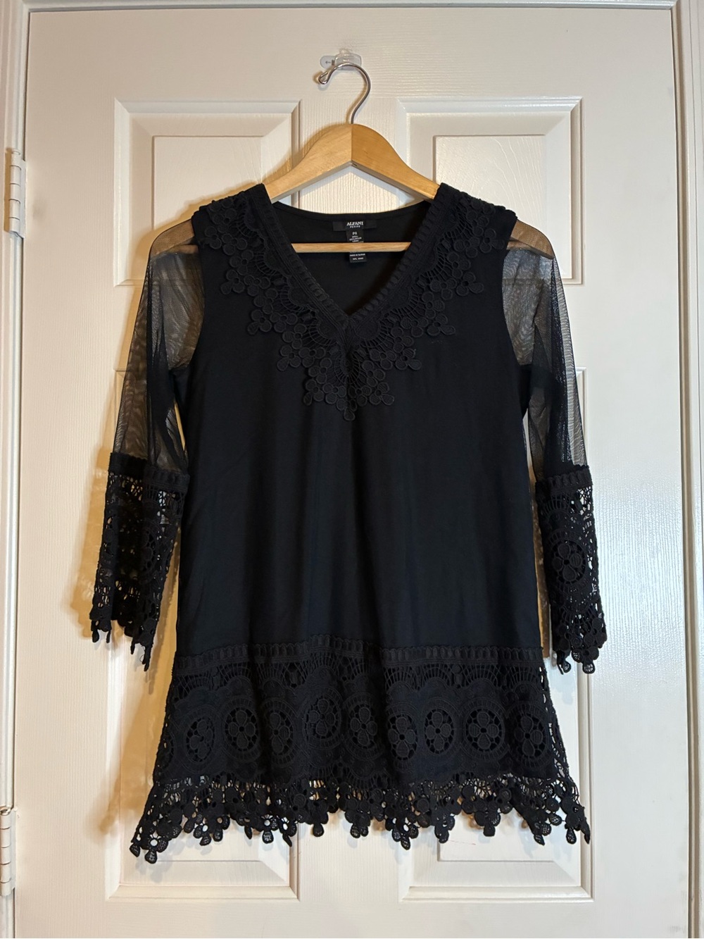 Alfani Black V-Neck Crochet-Trim Sheer Sleeve Tunic
